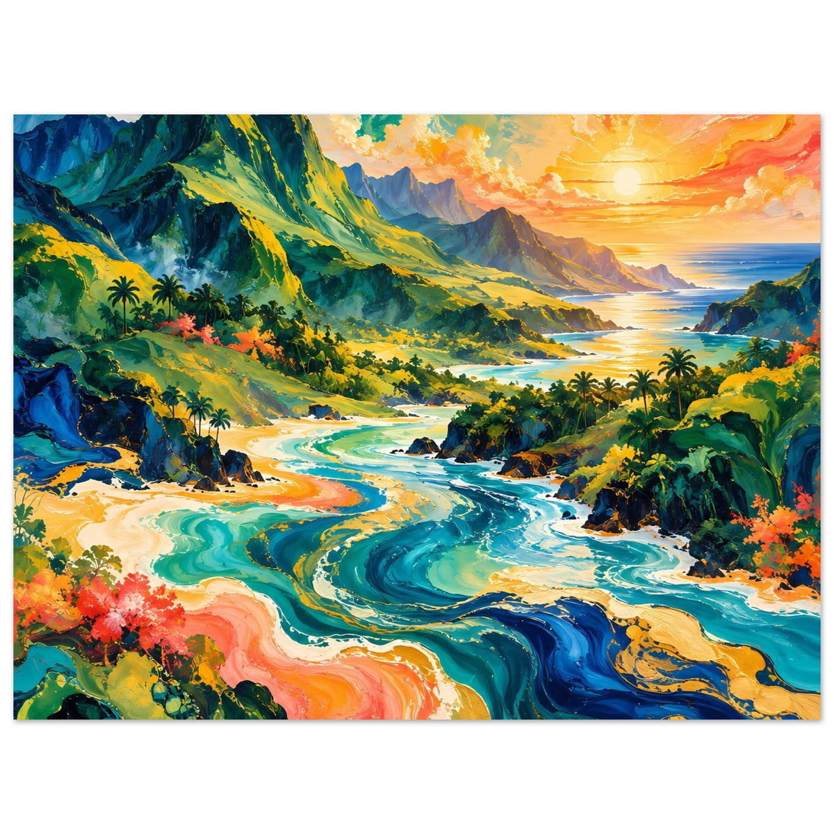Posterdruck Querformat: Berge, Küstenlinie und Palmen entlang eines Flusses im Sonnenuntergang