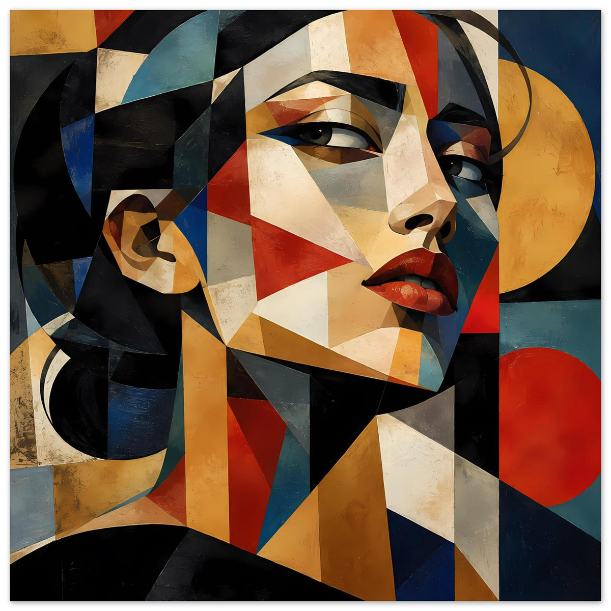 Geometrisches Porträtposter mit abstrakter Frauenfigur, kräftige Farben Blau, Rot, Beige