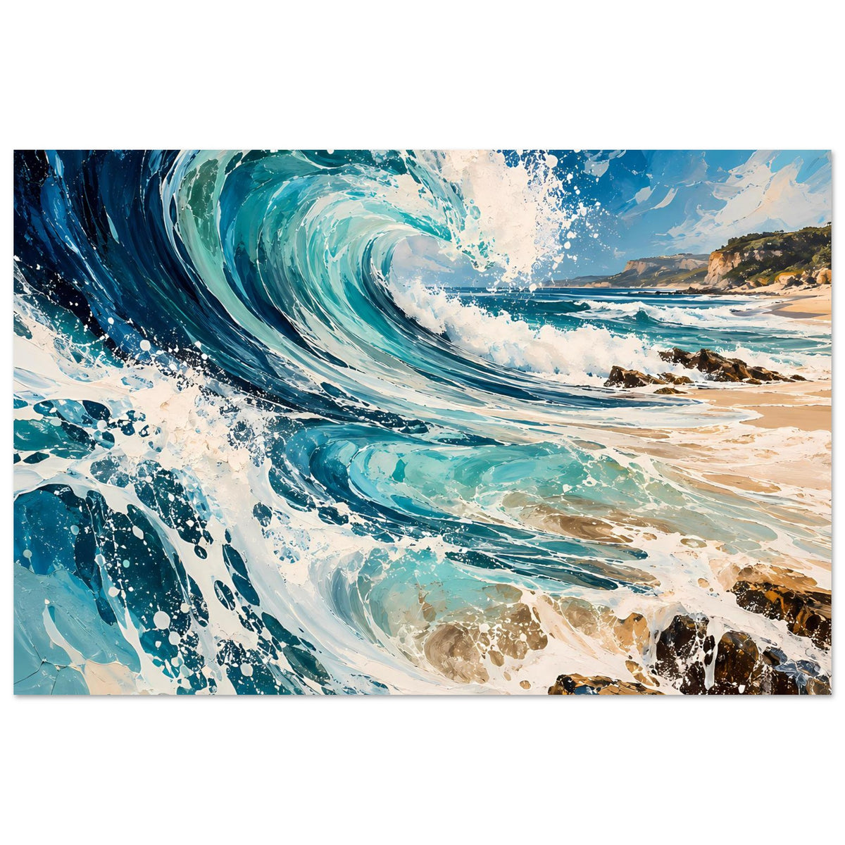 Poster mit dramatischer Meereswelle in Blau und Türkis, weißem Gischtbelag und Schaumkronen am Strand.
