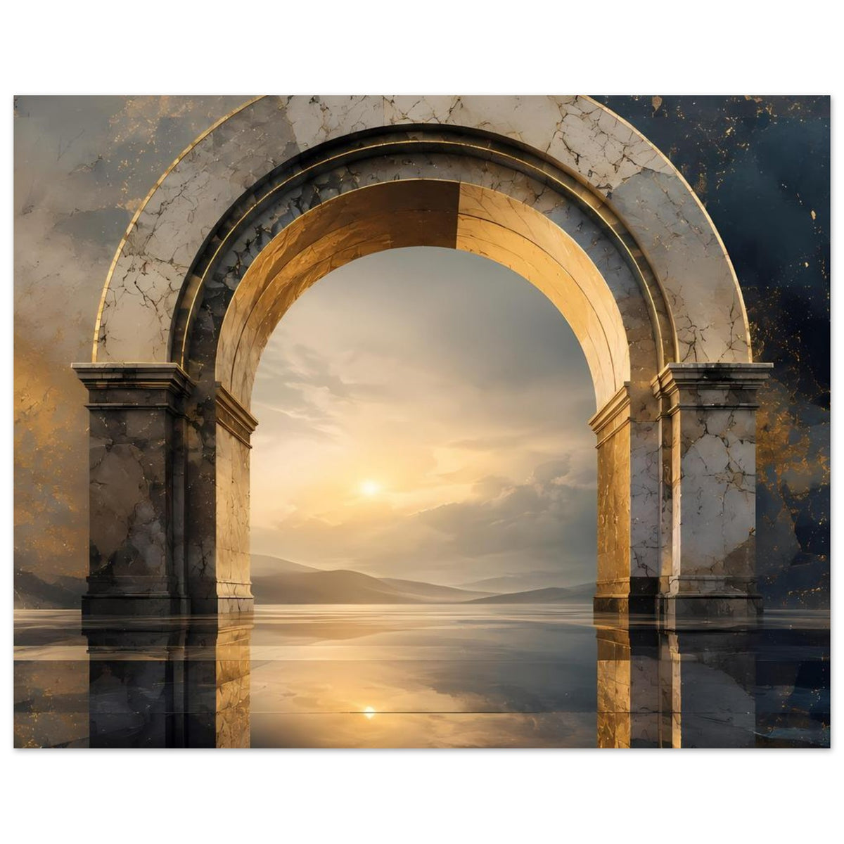 Wandposter mit antikem Bogen aus Marmor, goldenen Rändern und Wasserreflexion im Bild