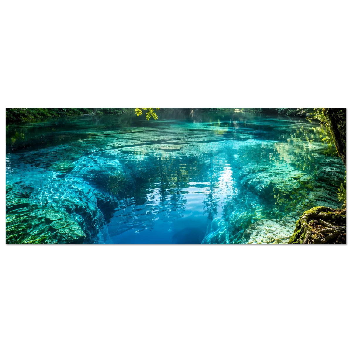 Wandposter im Querformat mit türkisblauem Wasserkanal und Felsrändern, umgeben von Grün