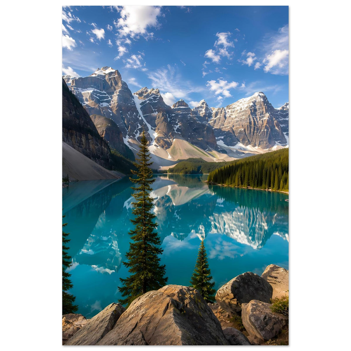 Hochformat-Poster mit türkisfarbenem Bergsee, Fichten am Ufer, schneebedeckten Bergen und Himmel