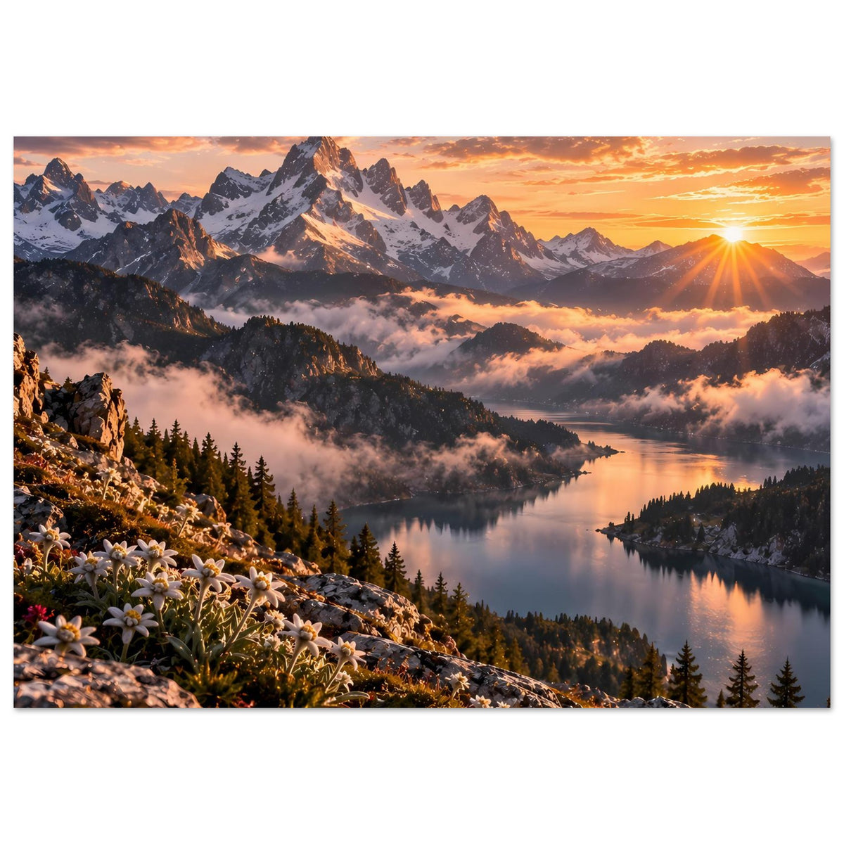 Querformat-Poster mit Bergsee, schneebedeckten Bergen und Alpenblüten am Hang