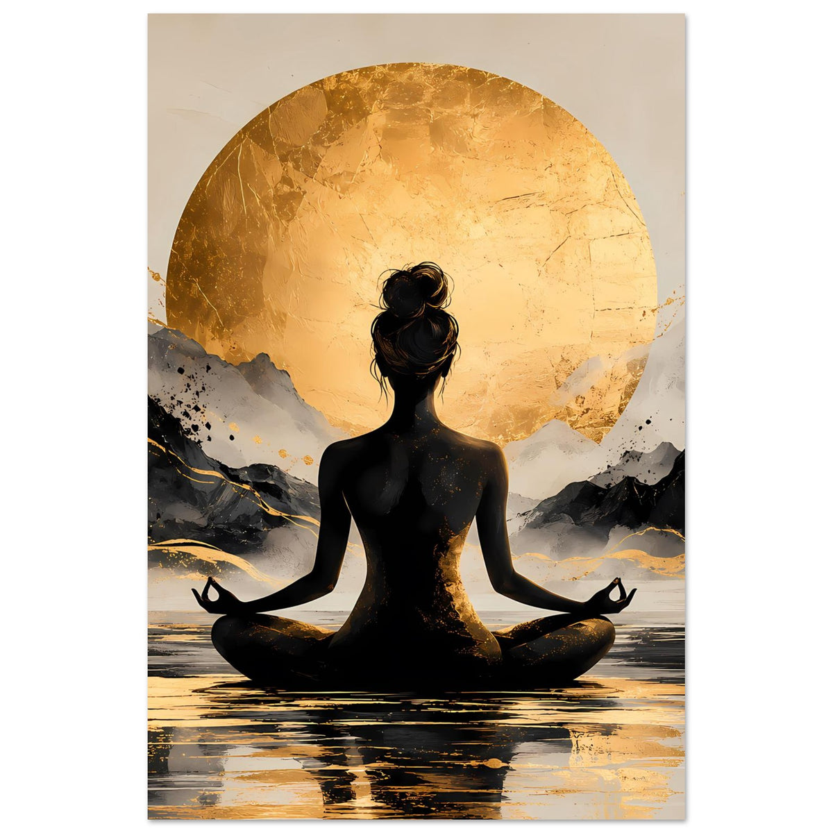 Meditatives Poster im Hochformat: schwarze Meditationssilhouette vor goldenem Sonnenkreis