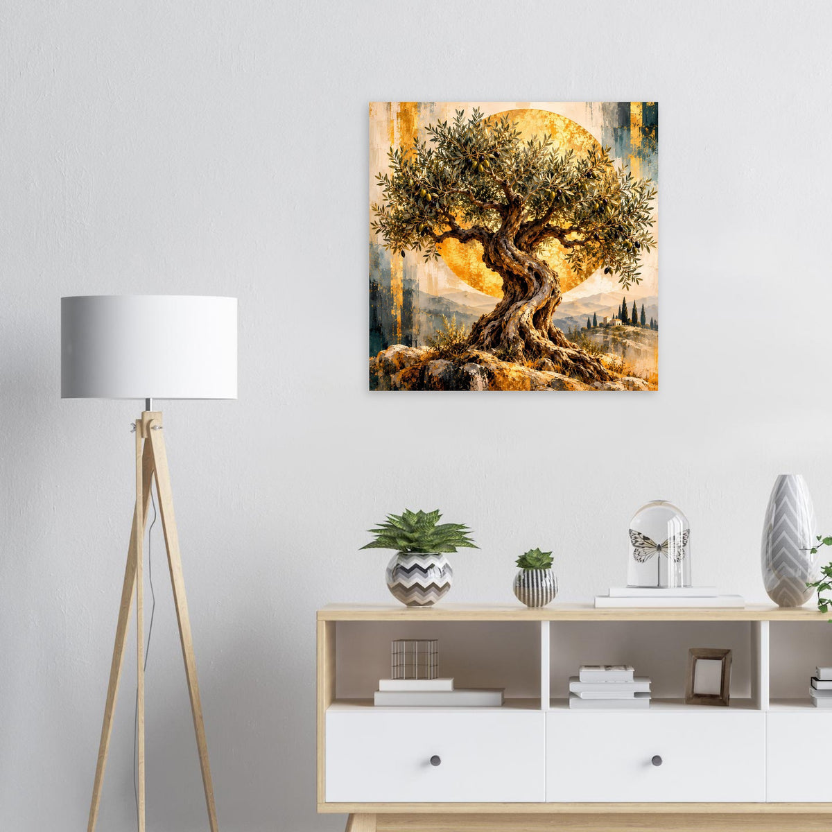 Olivenbaum-Poster mit goldener Krone und warmem Himmel, quadratisches Motiv
