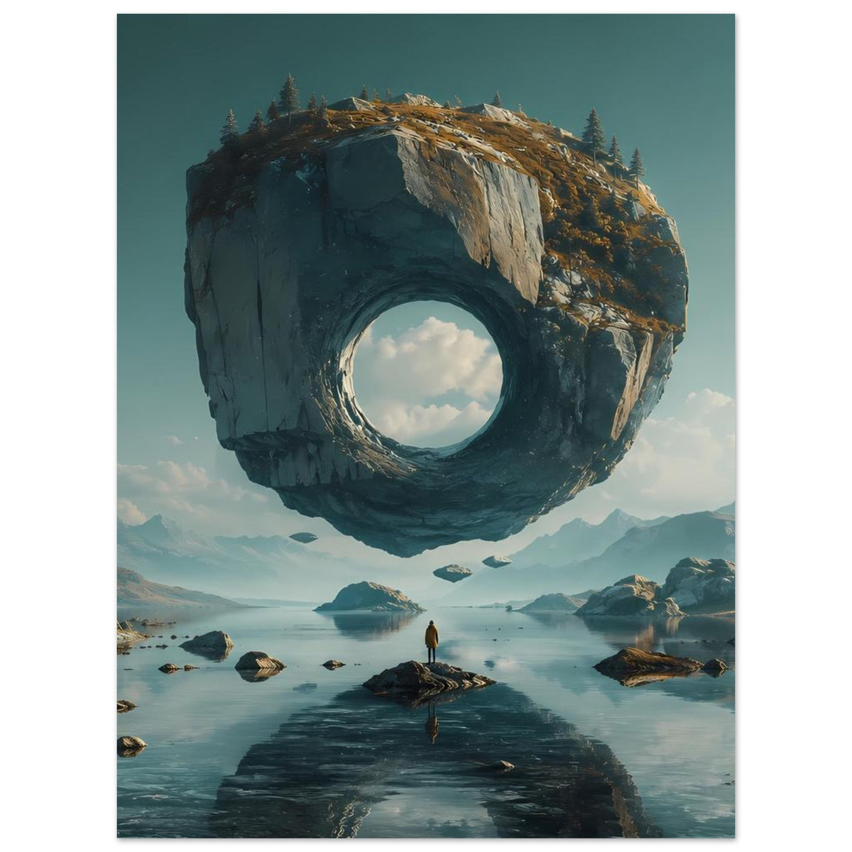 Poster mit schwebendem Felsring über See, Inseln und Berge, Person auf Pfad