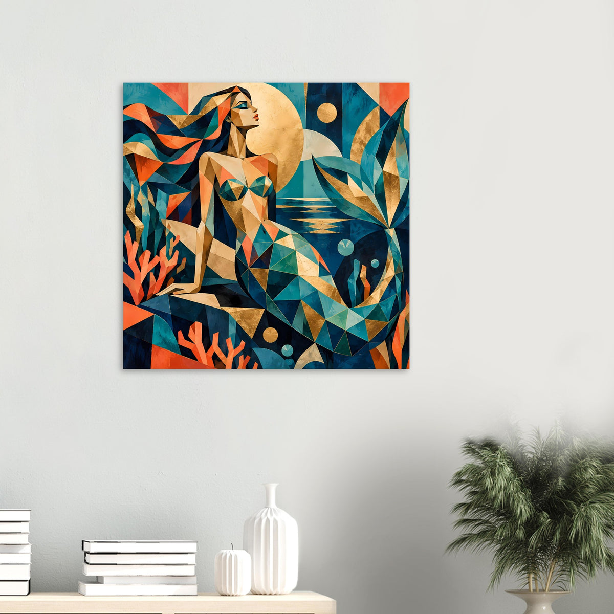 Geometrisches Meerjungfrauen-Kunstposter in Türkis und Korall, Wandmontage, horizontal