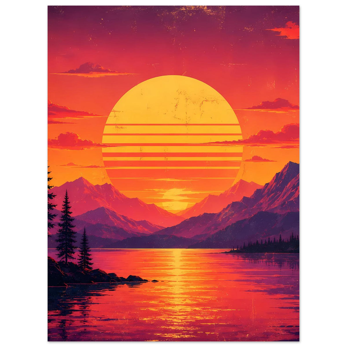Poster Hochformat mit Retro-Sonnenuntergang, Bergsee, Bergen und Tannen in Orange/Violett