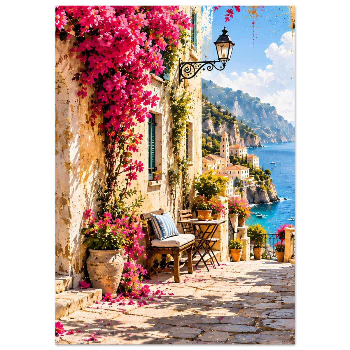 Poster: Gassenblick an der Küste mit pinken Blüten und Blick auf Häuser am Wasser