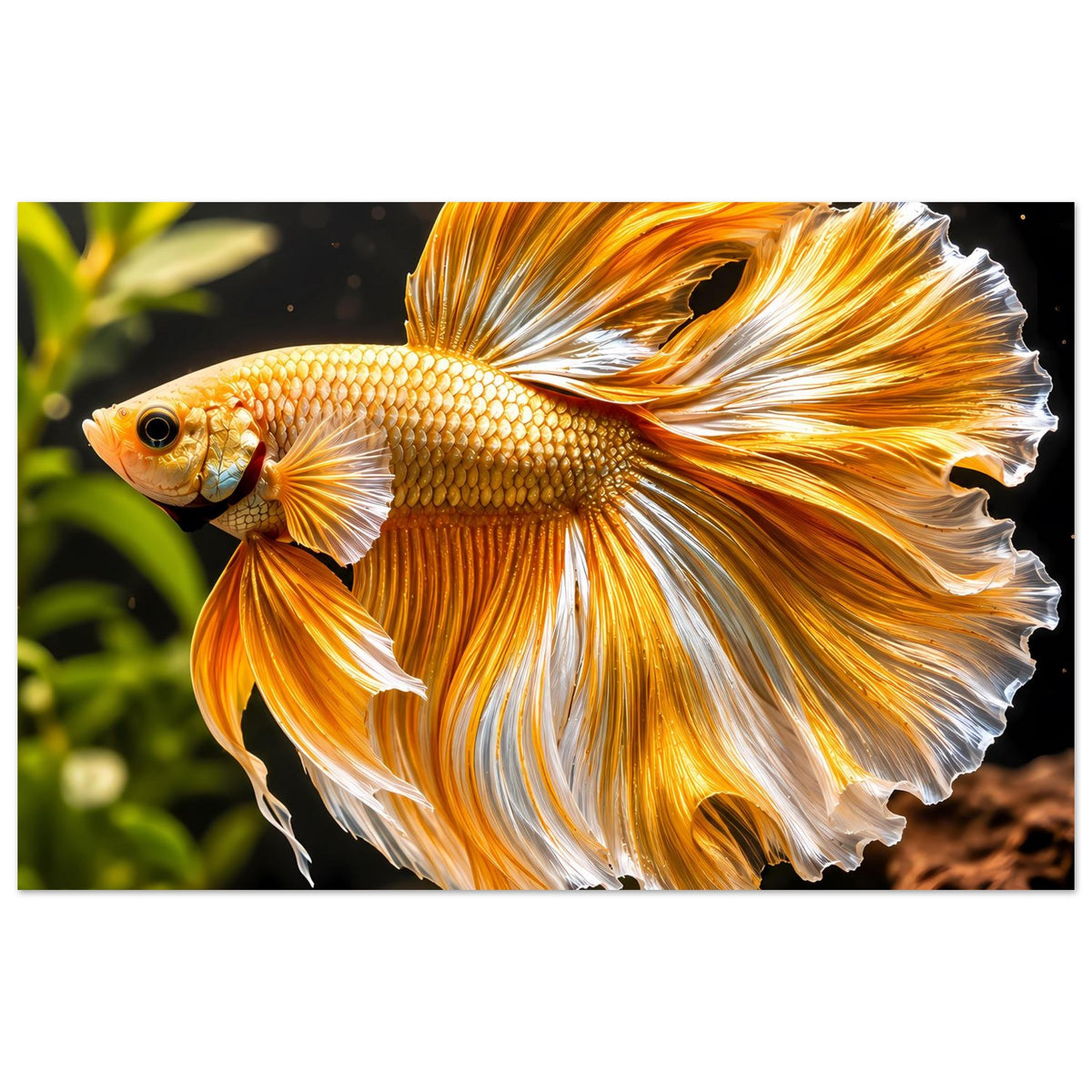 Posterdruck mit goldenem Betta-Fisch und weit ausgebreiteten Flossen