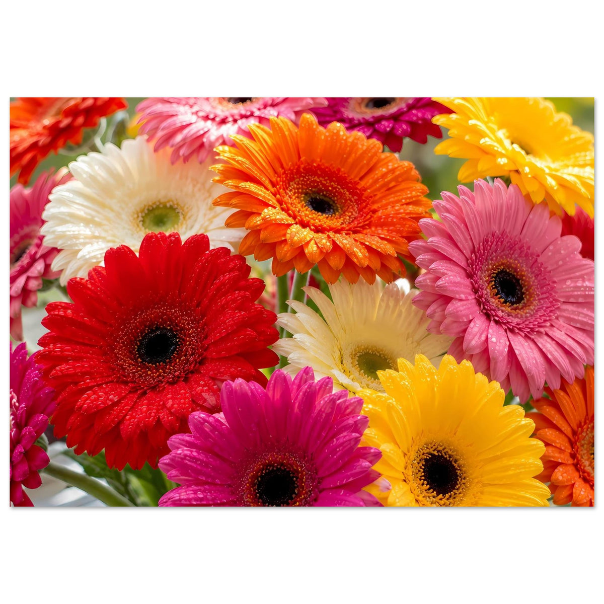Gerbera-Blumenposter: bunte Gerberablüten in Rot-, Pink- und Gelbtönen, schwarz umrandeter Rand