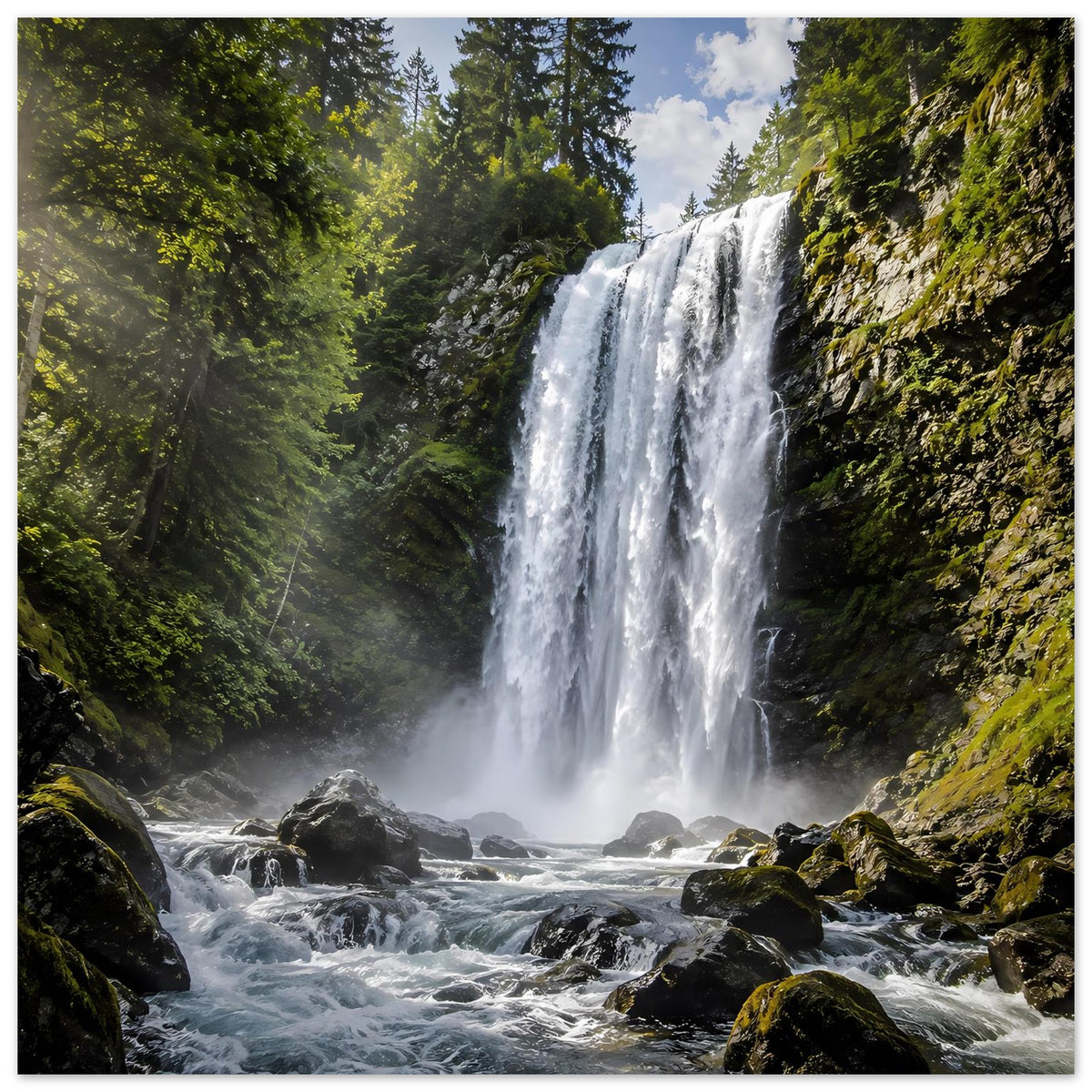 Wasserfall-Premiumposter mit großen Kaskaden, grünen Wäldern und moosigen Felsen, Querformat