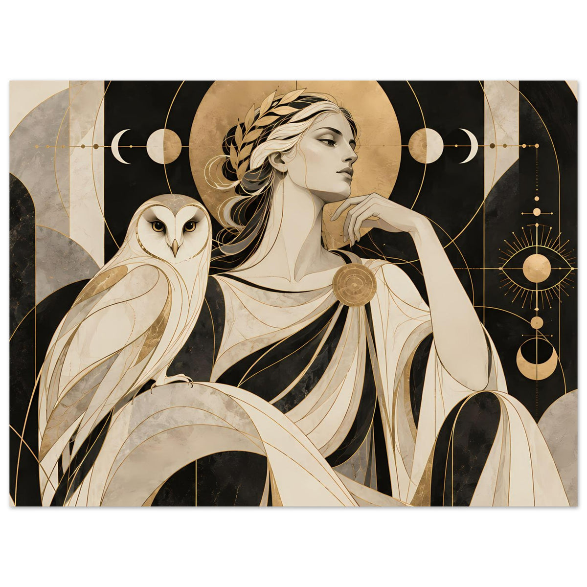 Kunstposter mit Frau im Profil, Eule, goldene Sternlinien und runde Symbole, Querformat