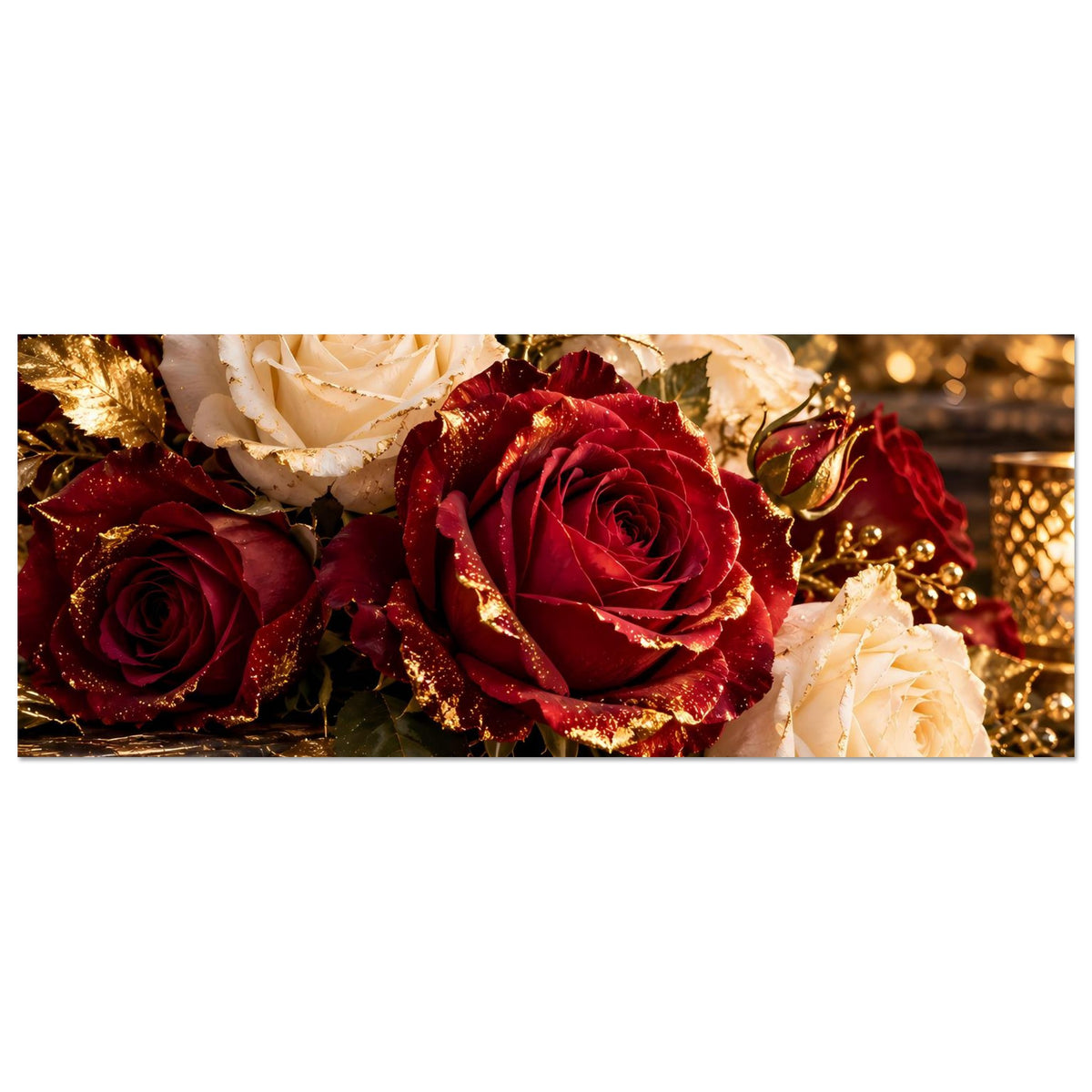 Horizontales Poster: cremeweiße und bordeauxrote Rosen mit goldenen Details
