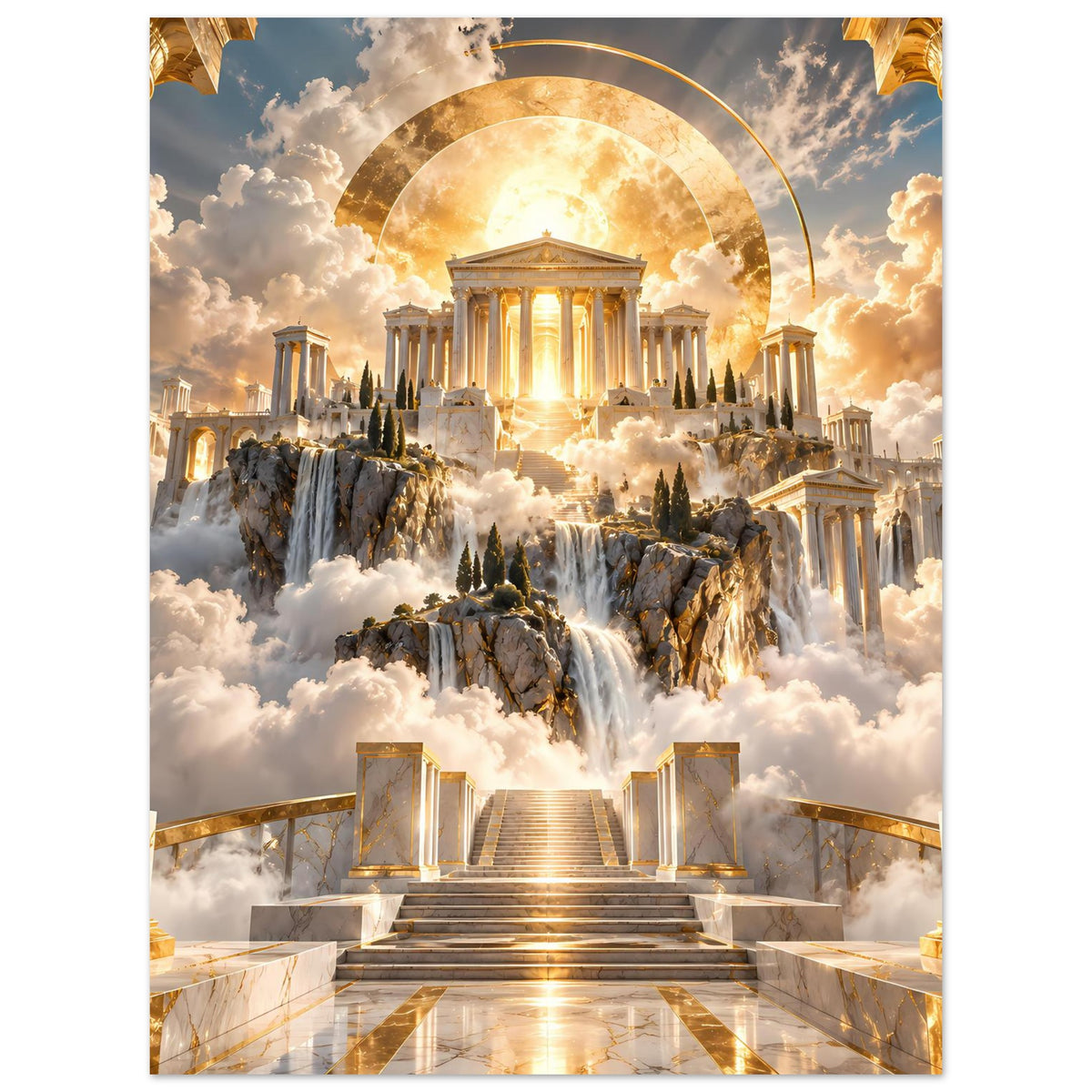 Hochformat-Poster: antiker Tempel mit Säulen, goldenem Bogen und Treppe über Wolken