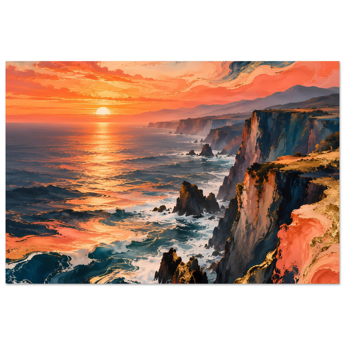 Querformat-Poster: Sonnenuntergang über dem Meer mit hohen Felsenklippen in Orange und Blau