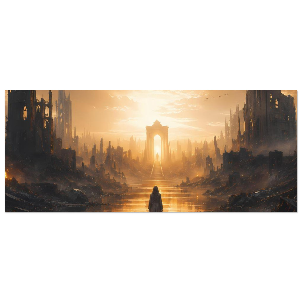 Poster (Querformat): Ruinenstadt über Fluss, einsame Gestalt vor goldenem Lichttor