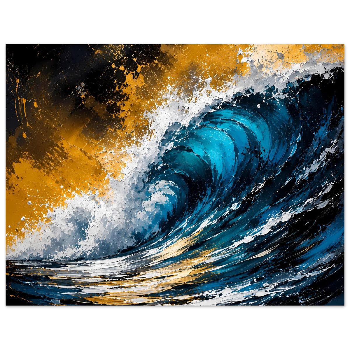 Meer-Wellen-Poster mit schwarzem Rand, große blaue Welle und gold-weiße Farbexplosion