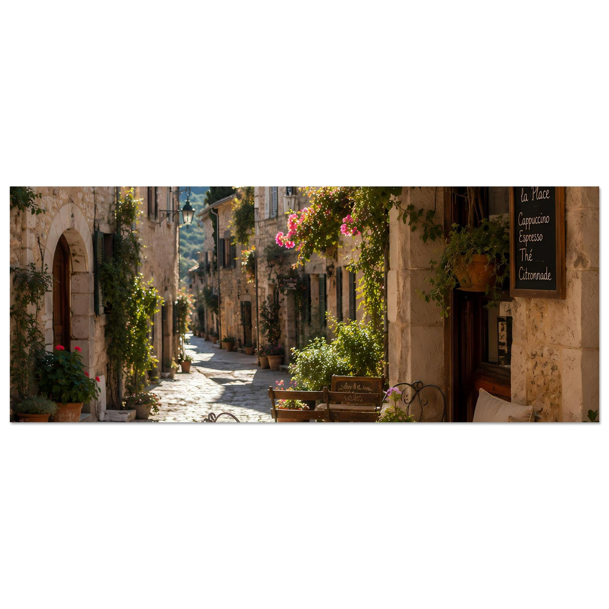Horizontales Wandposter mit sonniger Altstadtgasse und Caféfassaden