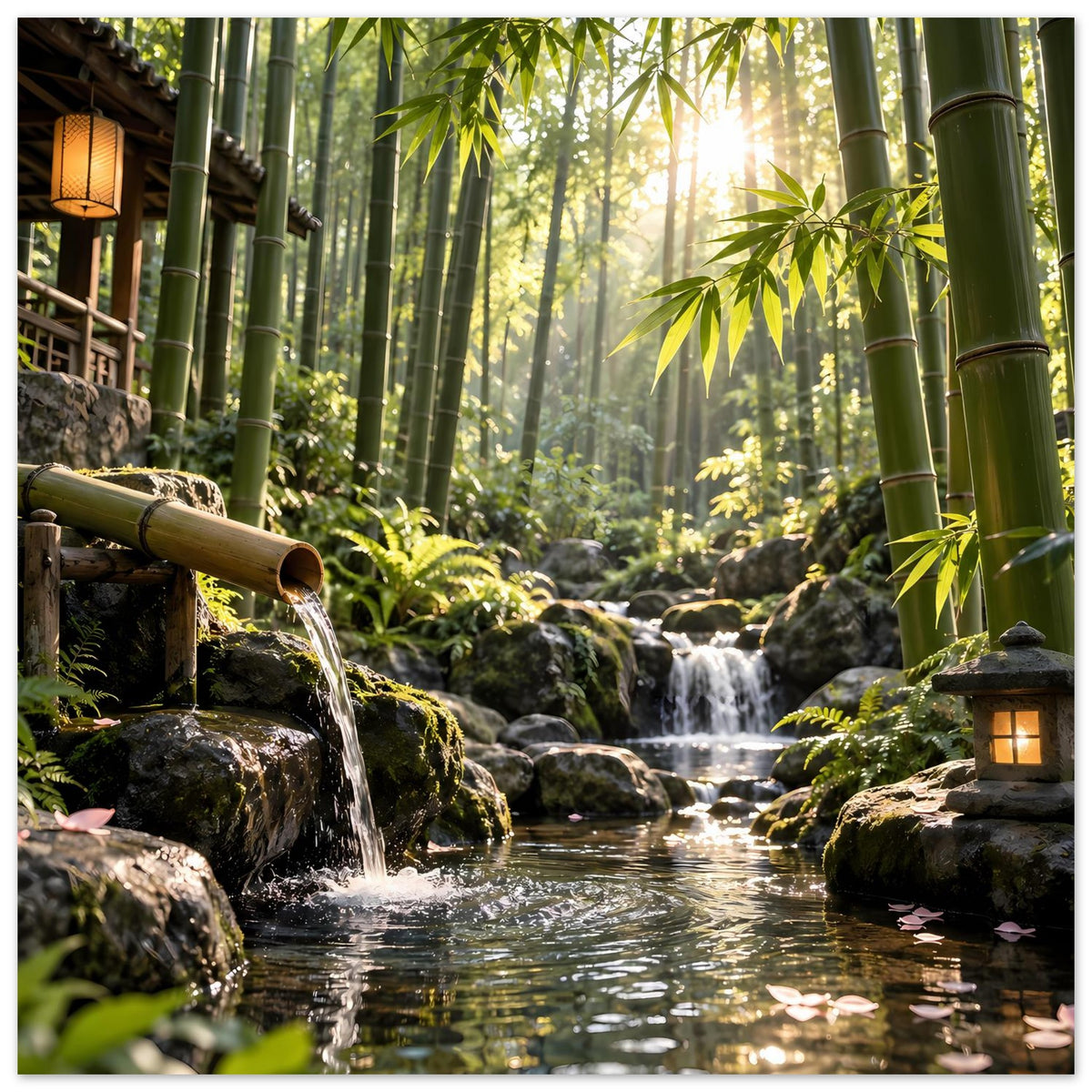 Wandposter mit Bambuswald, Wasserfall, Steinbecken sowie Laternen am Rand