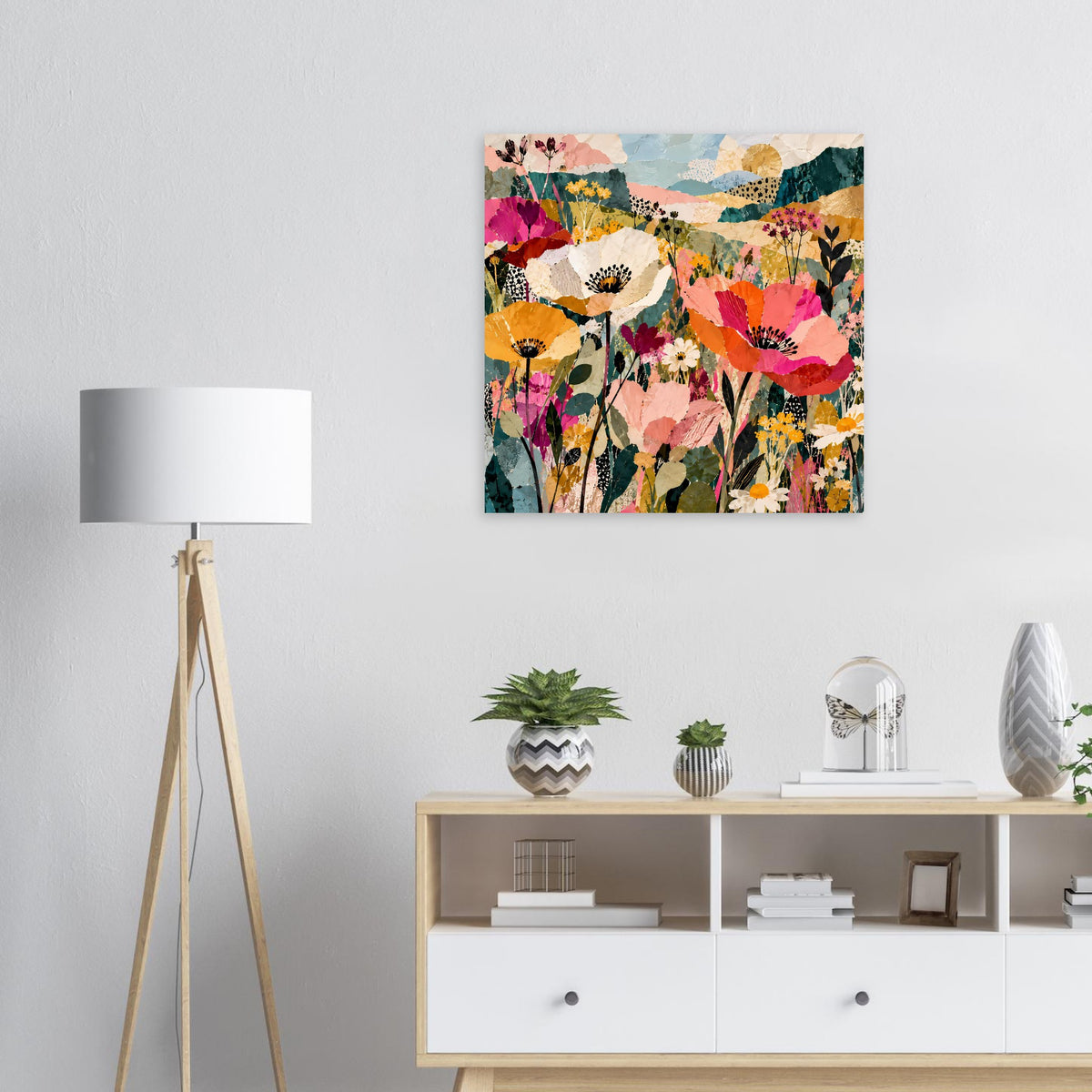 Quadratisches Blumen-Collage-Poster mit pinken, orangefarbenen und gelben Blüten