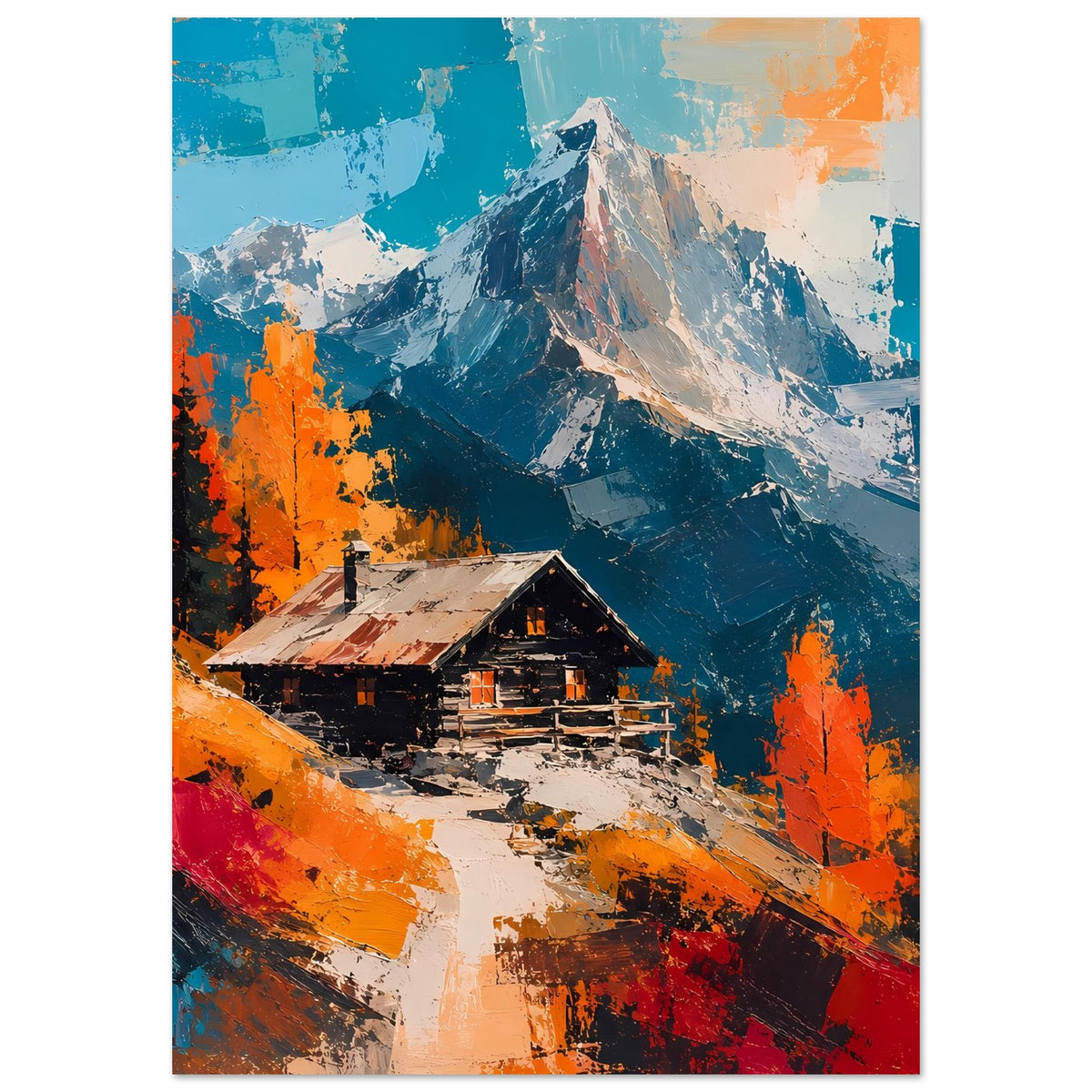 Hochformat-Poster mit Hütte im Vordergrund, bunten Bäumen in Orange und blauem Bergmassiv