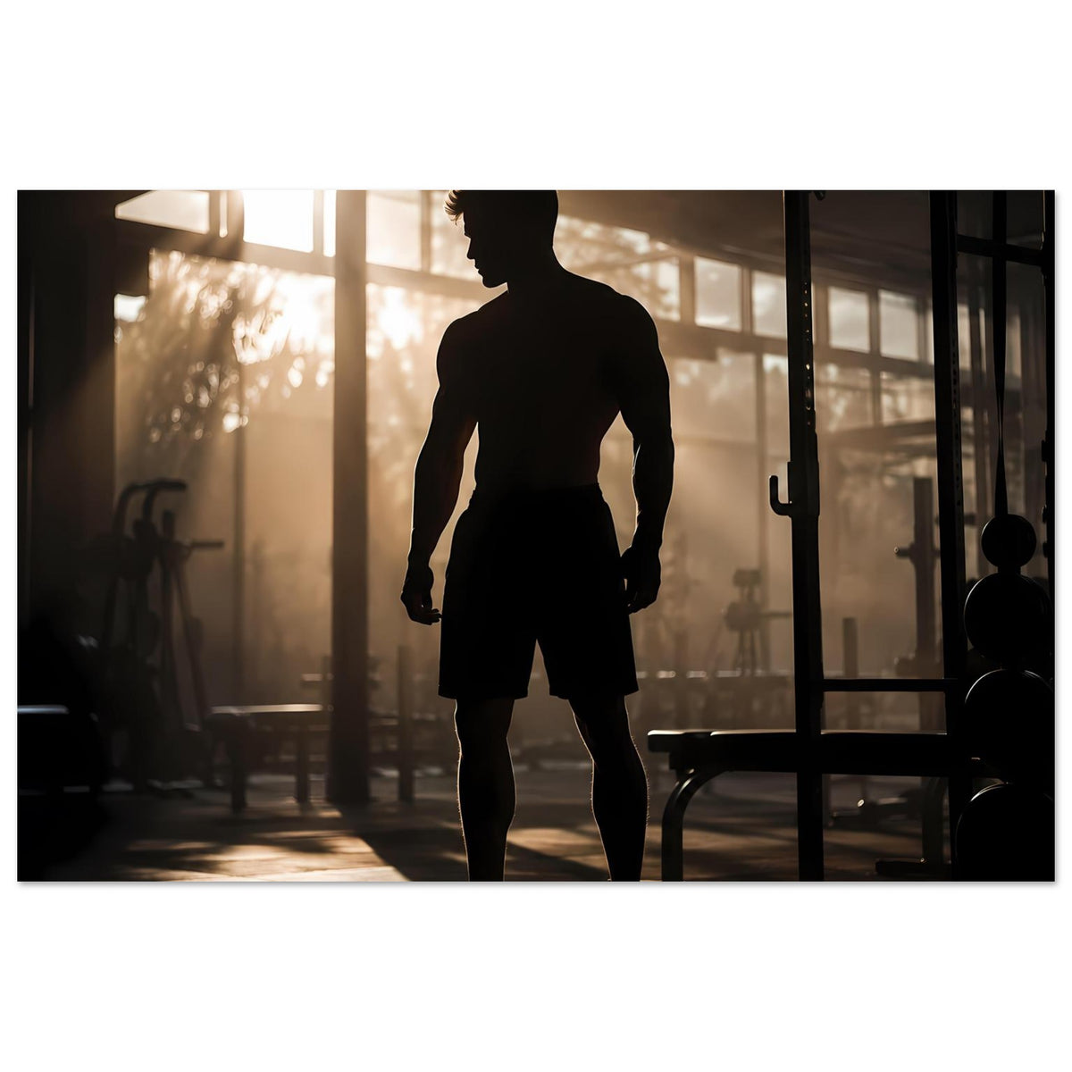 Fitness-Poster mit Silhouette eines Sportlers in Shorts, ganzer Körper im Bildausschnitt