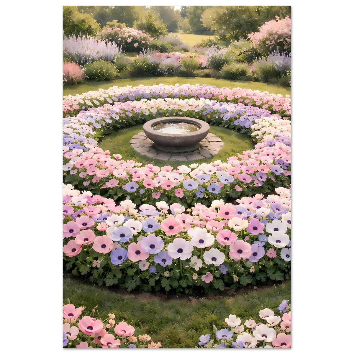 Hochformat-Poster: runde Blumenbeete in Rosa, Flieder und Schale im Zentrum