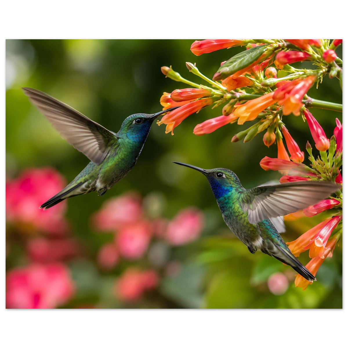Posterdruck im Querformat: zwei blaue Kolibris im Flug über orangefarbenen Blüten