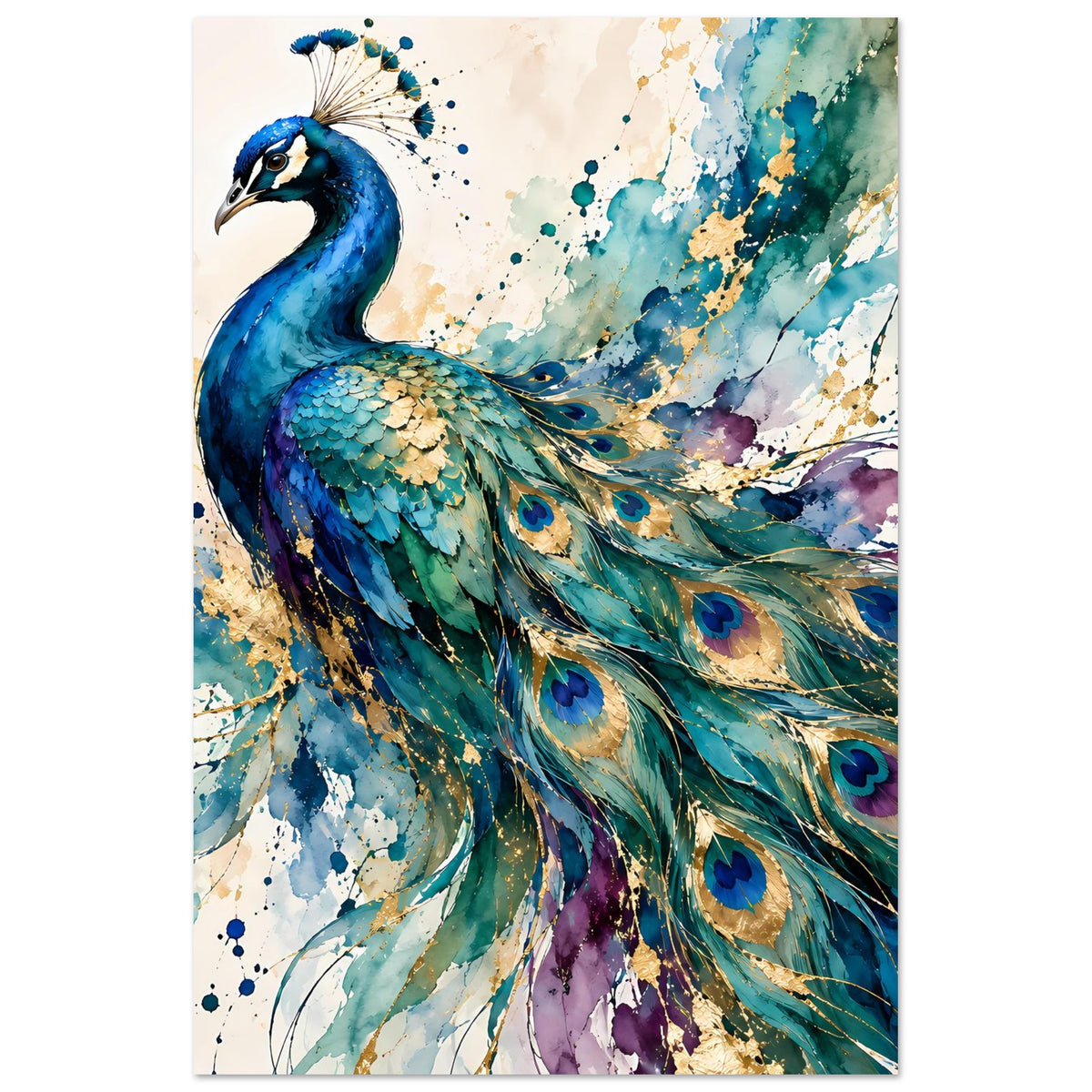 Aquarell-Poster im Hochformat: blauer Pfau mit grünen und goldenen Federakzenten