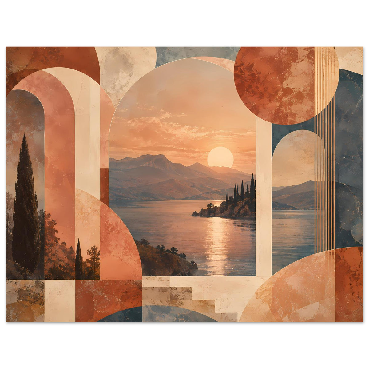 Abstraktes Poster mit warmem Erdtönemotiv, Sonnenuntergang, Berge und Insel auf See