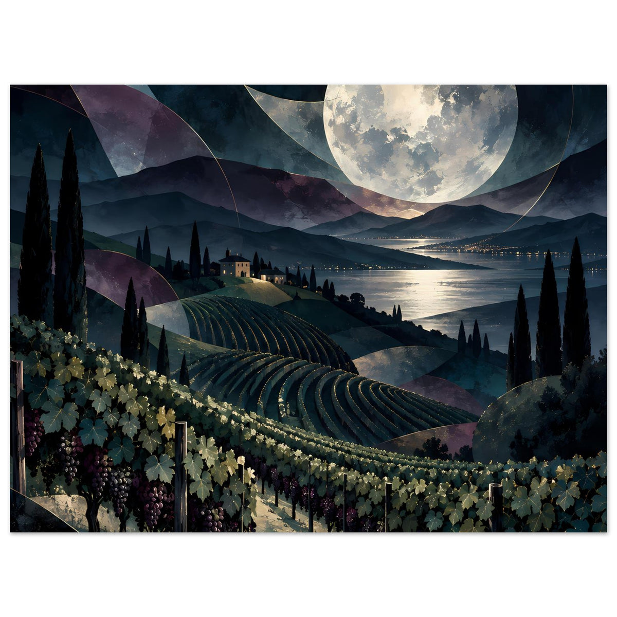 Nachtlandschaftsposter mit Weinbergen, Mond am Himmel und Fluss im Hintergrund
