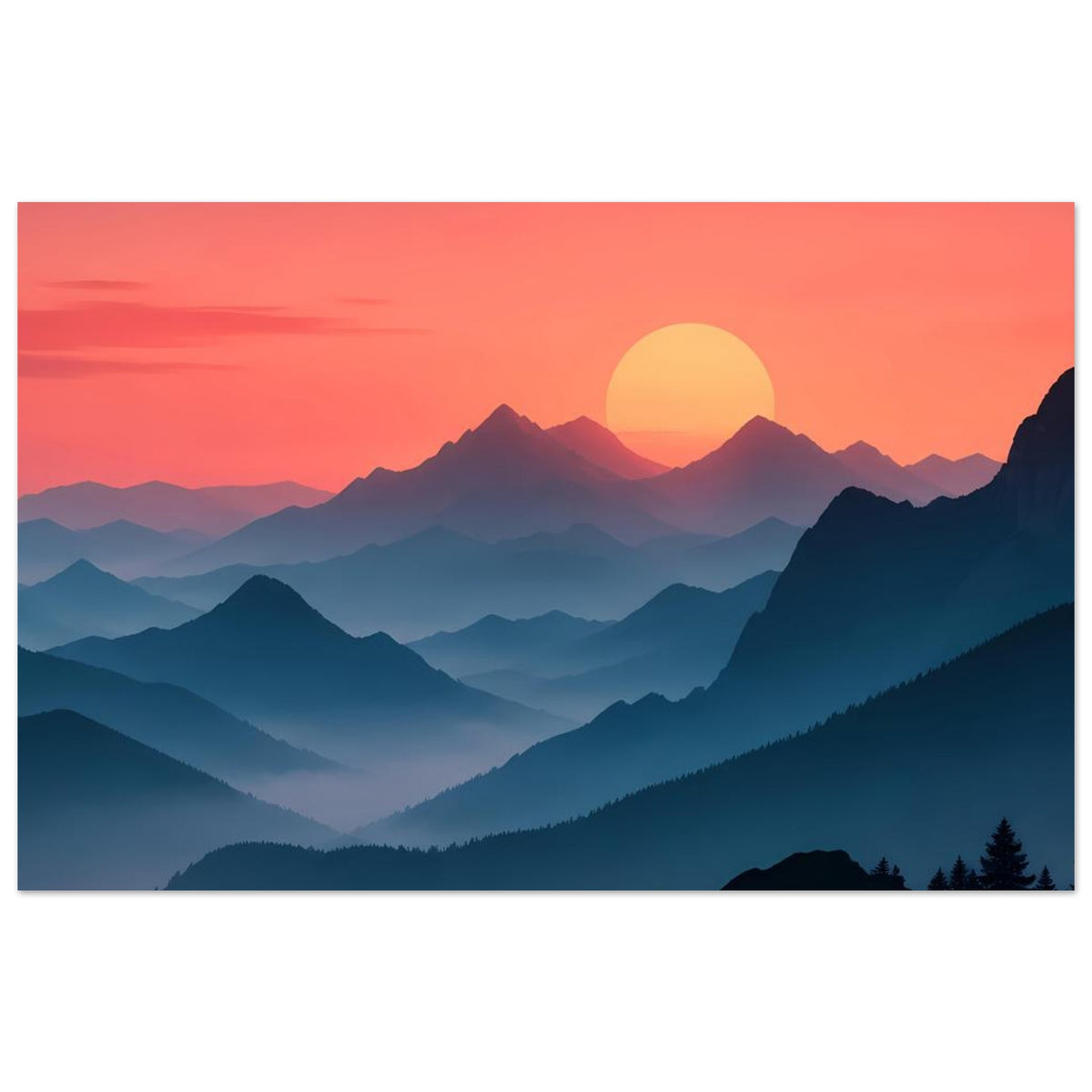 Landschaftsposter mit pastellrotem Himmel und tiefen blauen Berglagen