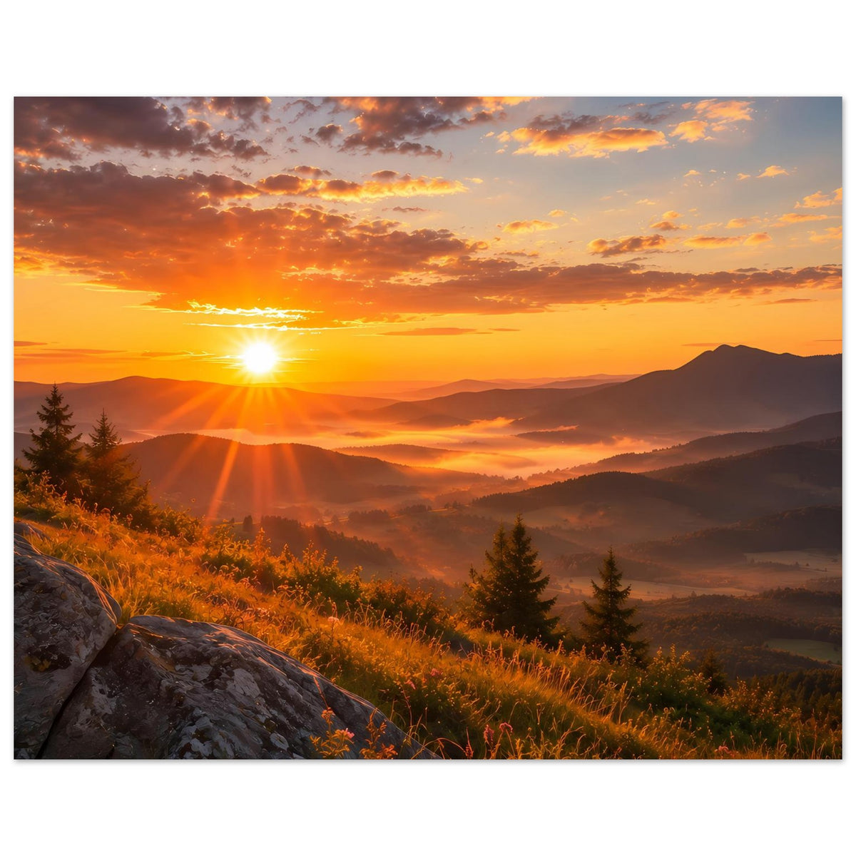Landschaftsposter im Querformat mit tiefstehender Sonne, Bergtal, Tannen und grasiger Anhöhe