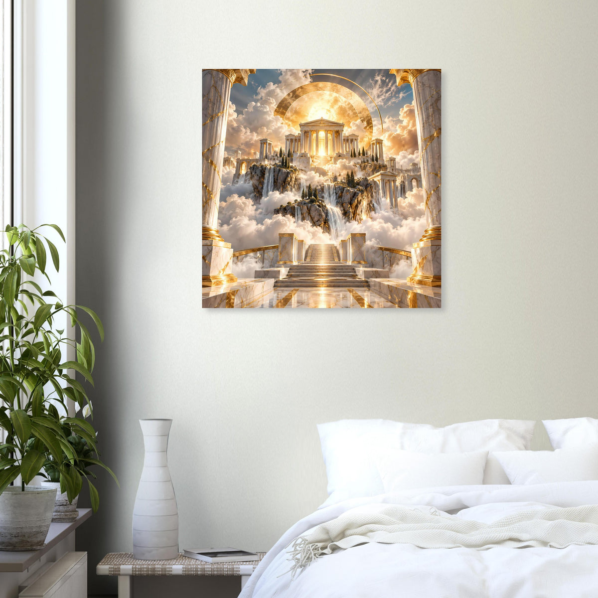 Quadratisches Wandposter mit goldenem Tempelmotiv, kreisförmigem Licht und Wolken
