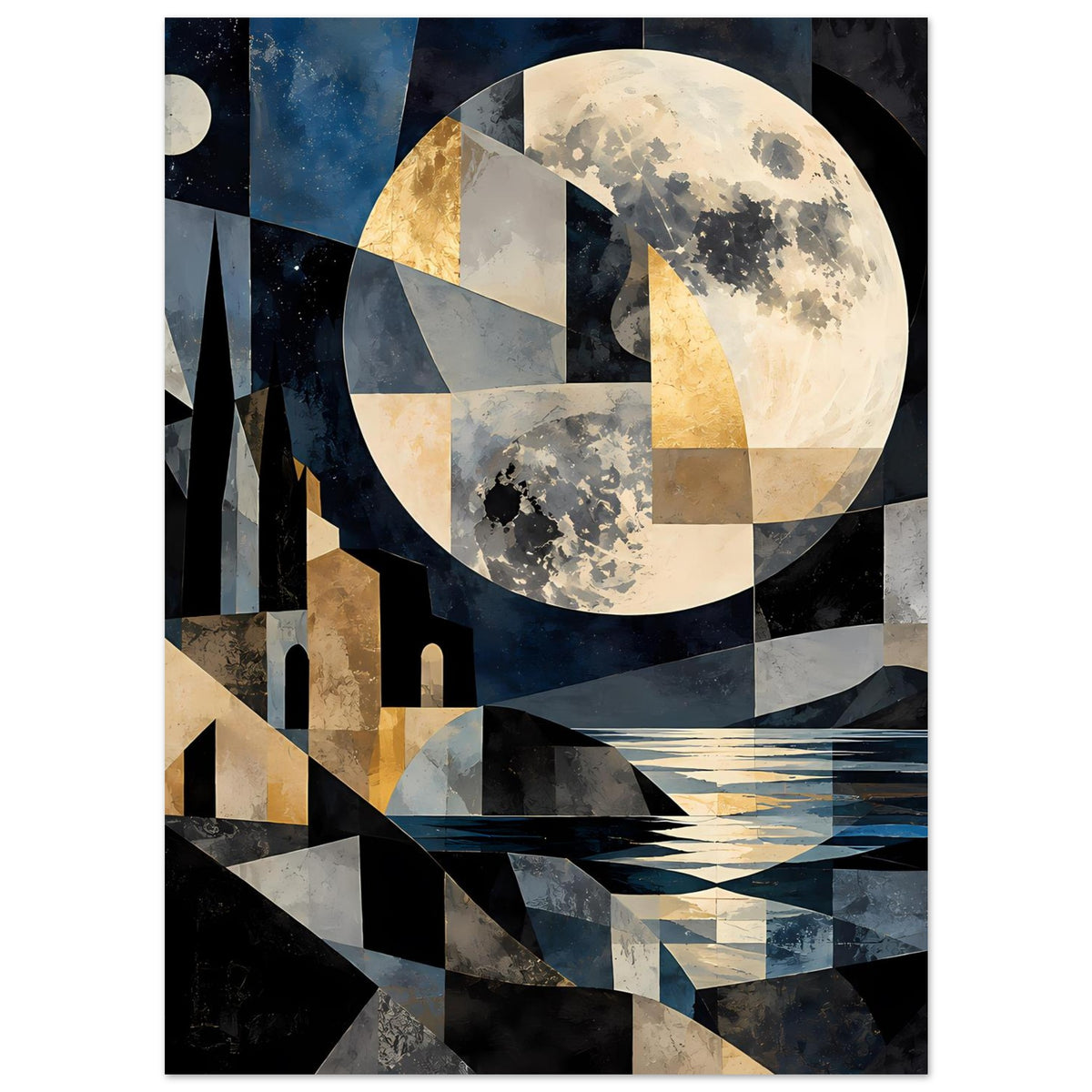 Vertikales Poster mit geometrischer Mondlandschaft: leuchtender Mond, Festungskante, Wasser in Blau