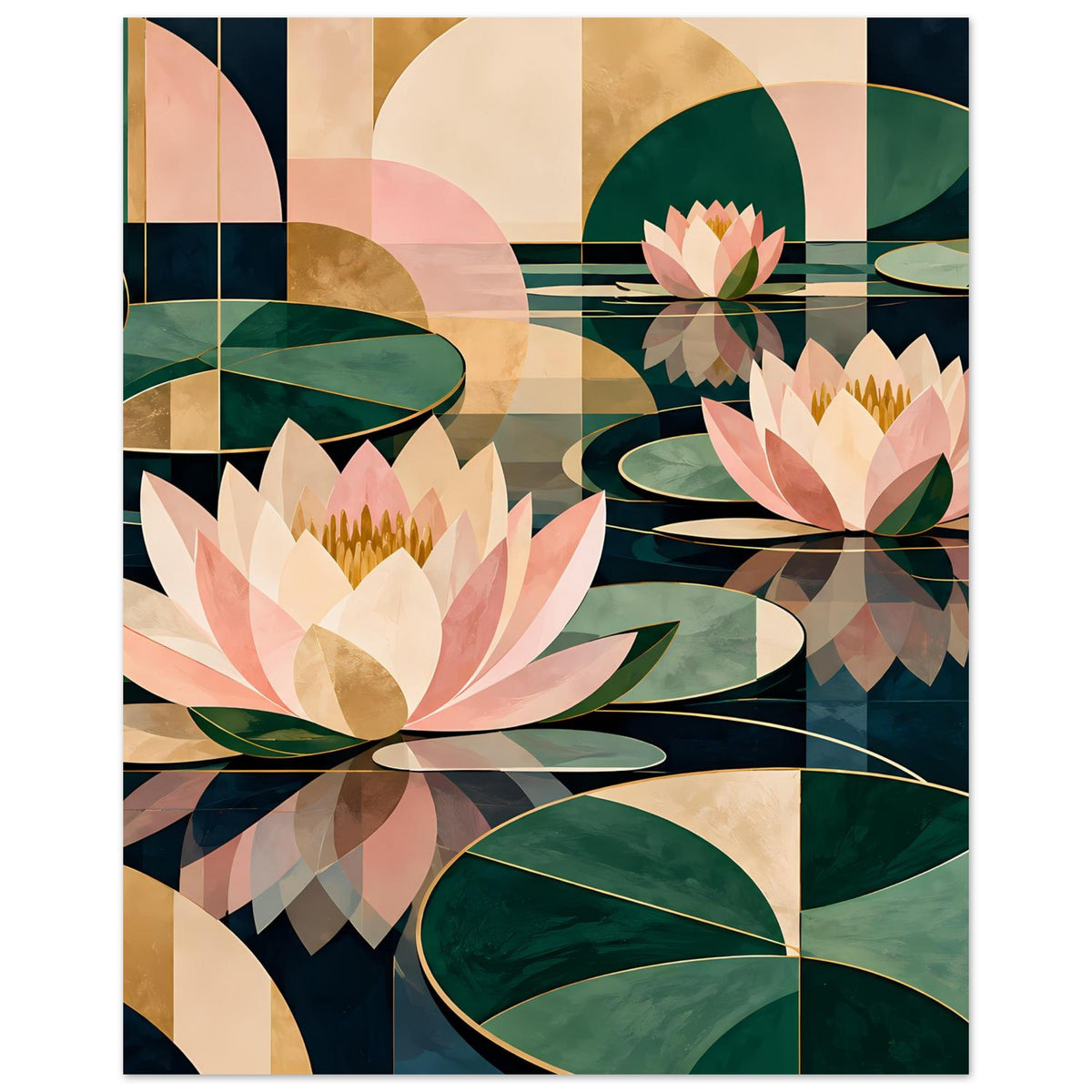 Lotus-Grafikposter: Seerosen und Blätter in Grün und Rosa im geometrischen Design
