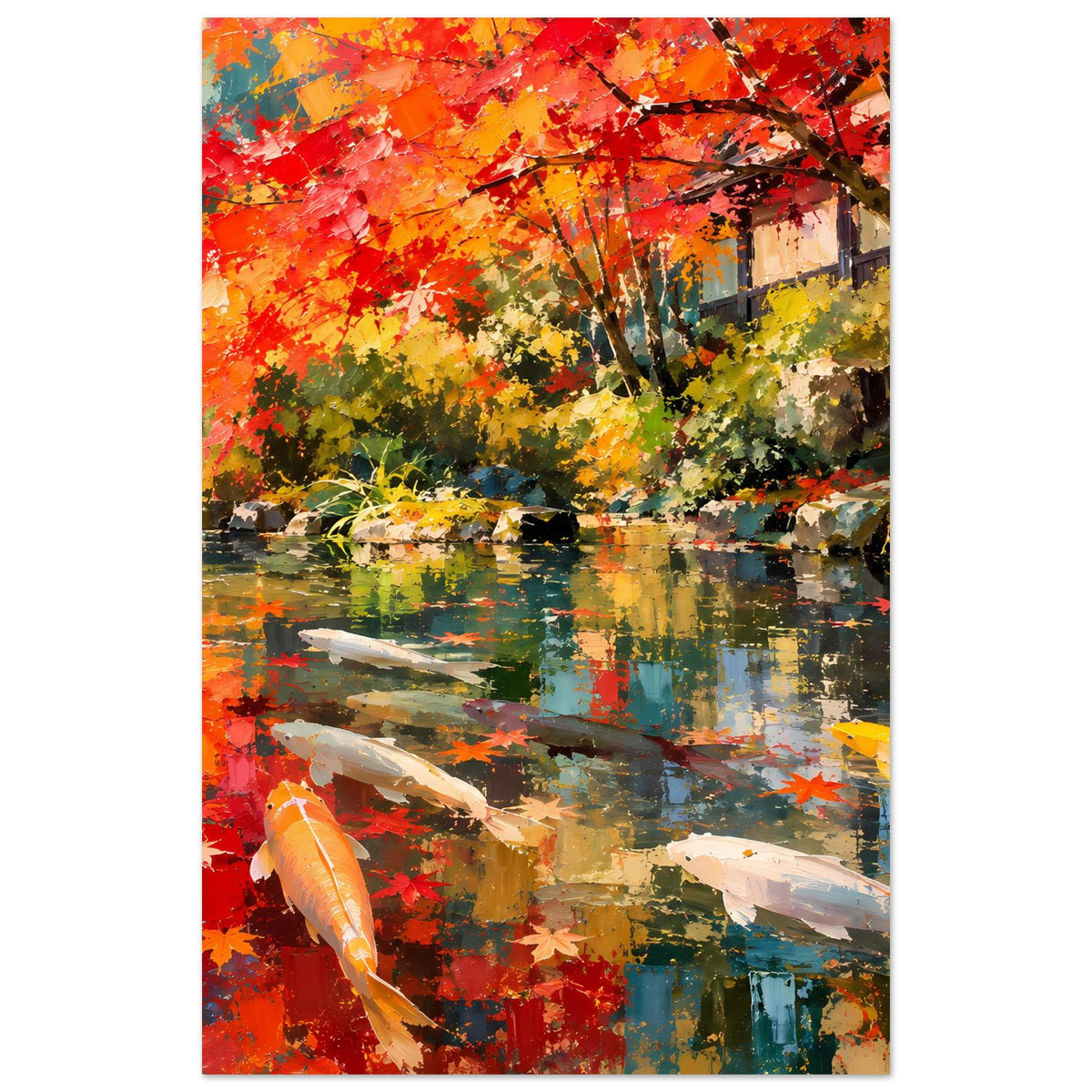 Hochformat-Kunstposter: Koi-Fische im Teich, lebendiges Herbstlaub in Rot, Gelb und Grün
