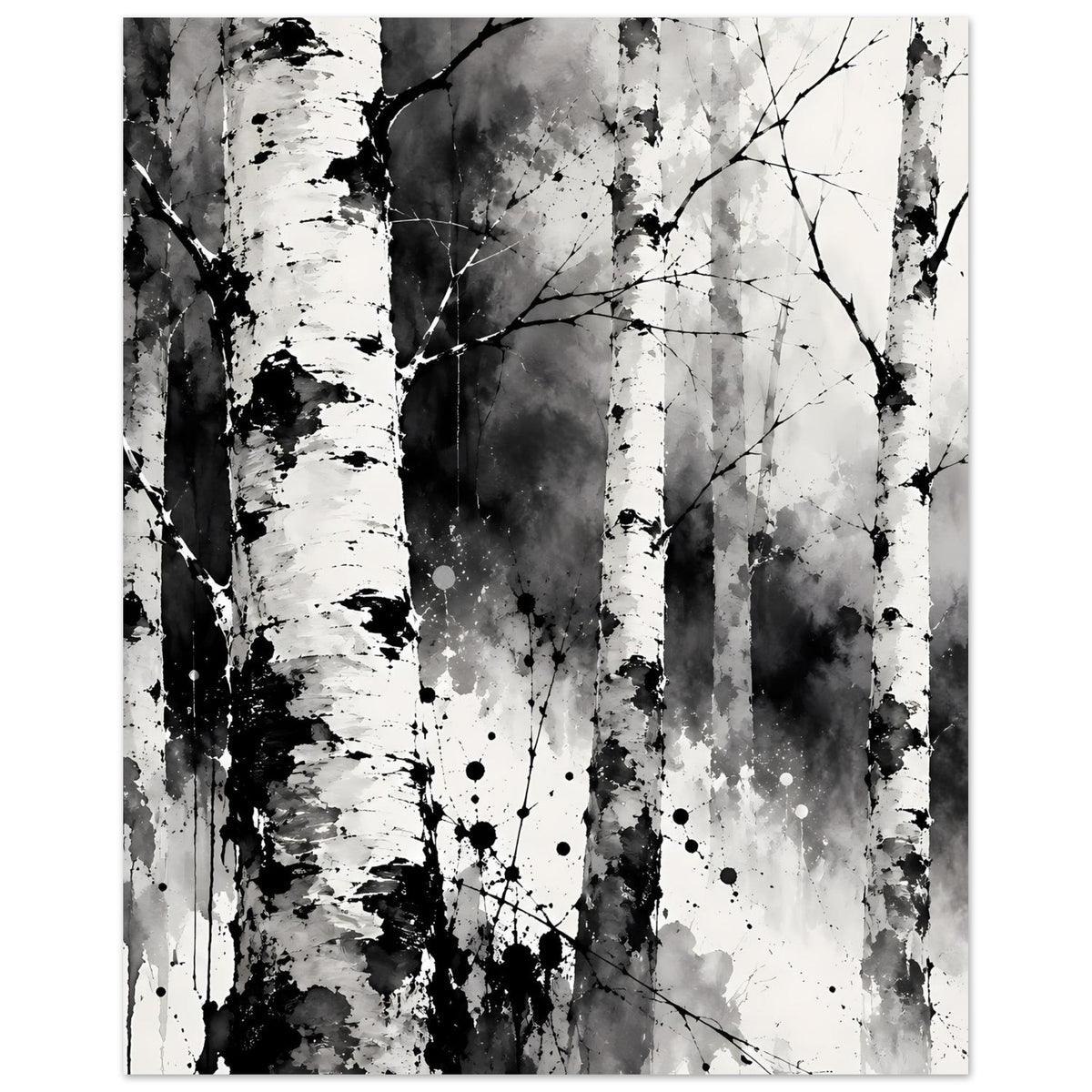 Schwarz-weißes Birch-Wald-Kunstposter mit Baumstämmen und feinen Ästen im Hochformat