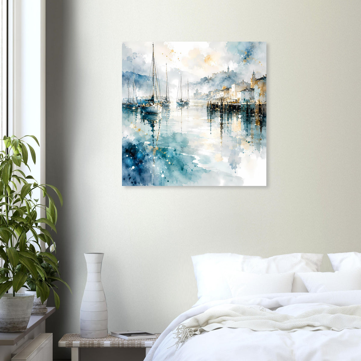 Aquarellposter mit Segelbooten im Hafen und blauem Nebel über dem Wasser