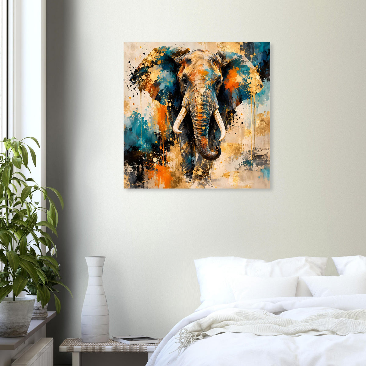 Abstraktes Elefantenposter im Rahmen mit Elefantenmotiv und Spritzfarben in Blau und Beige
