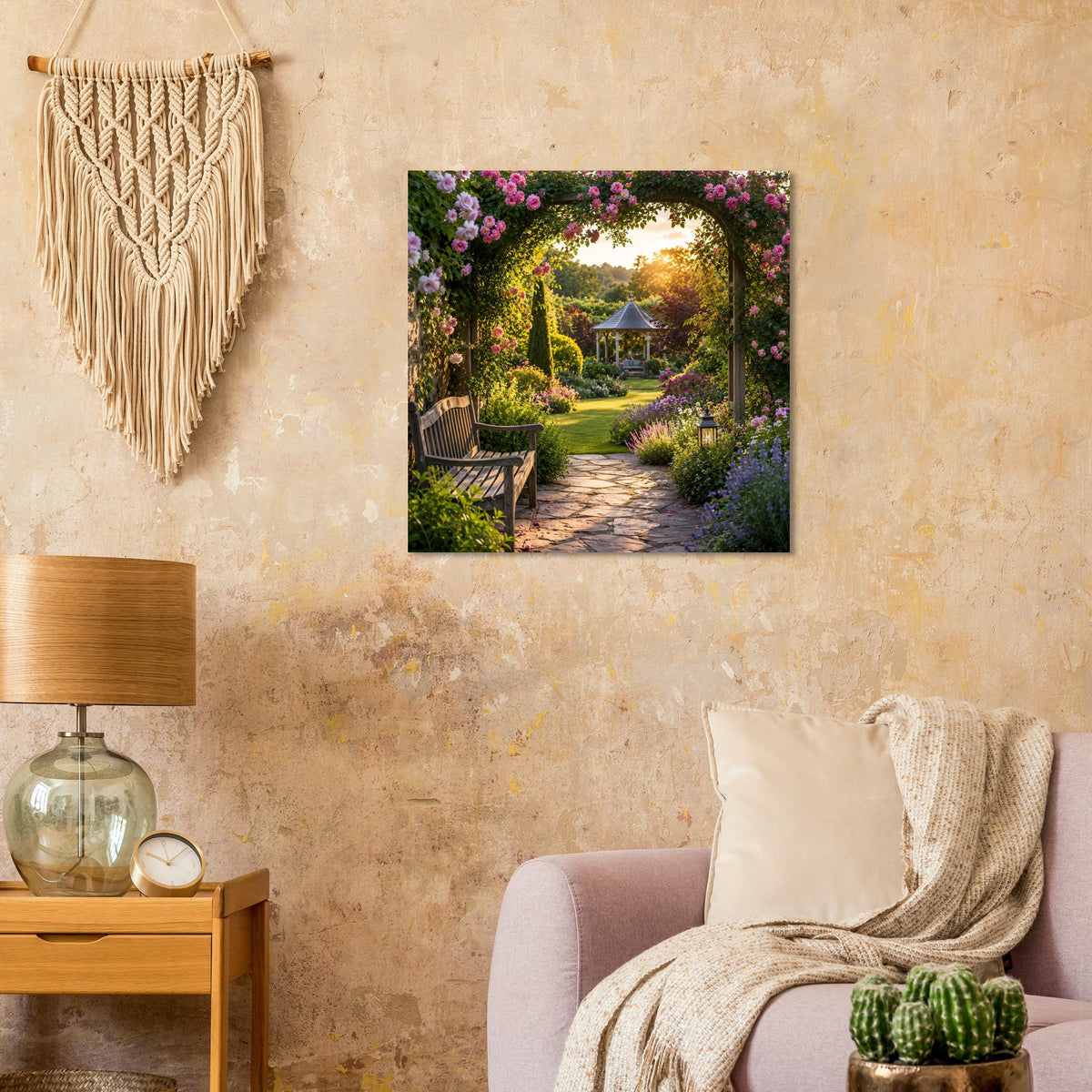 Naturposter mit Blumenkranz, Gartenpfad und Gartenlaube im warmen Licht