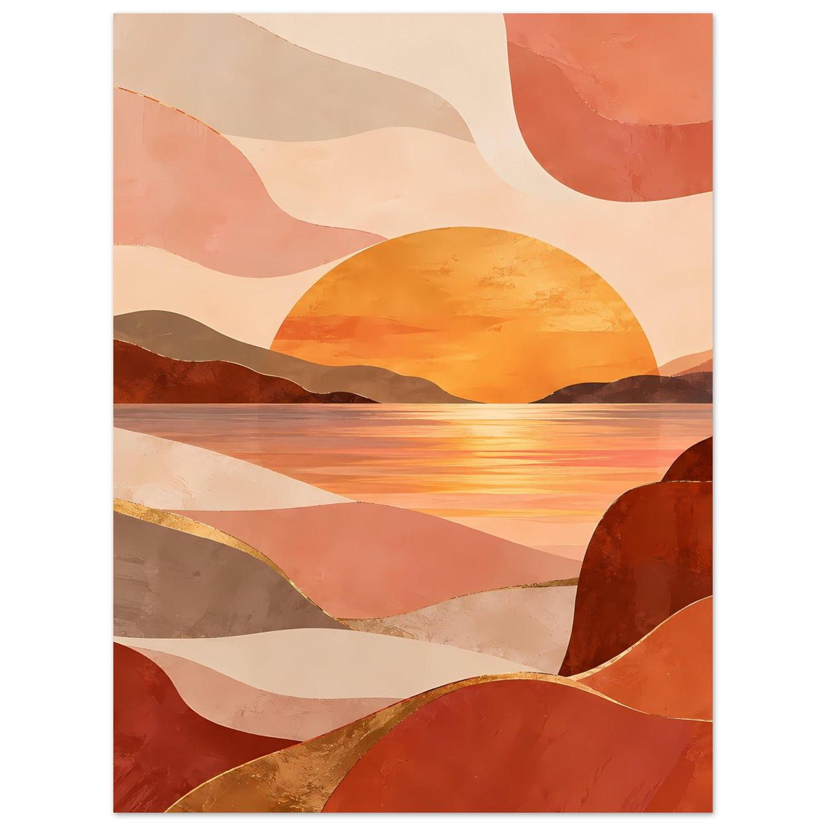 Poster mit abstrakten Ebenen und Sonnenuntergang: orange Sonne, gedämpfte Brauntöne, See