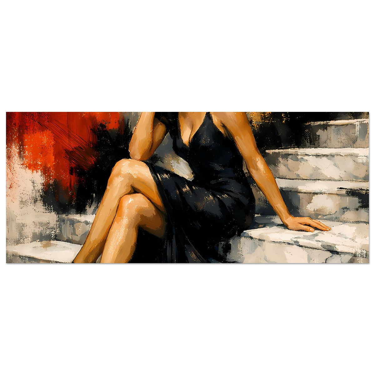Kunstposter im Panoramaformat: Ausschnitt mit schwarzem Abendkleid und Beinen