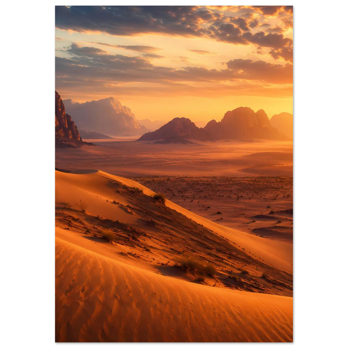 Poster mit Wüstenpanorama bei Sonnenuntergang, Dünen und felsige Berge, orangefarbenes Licht