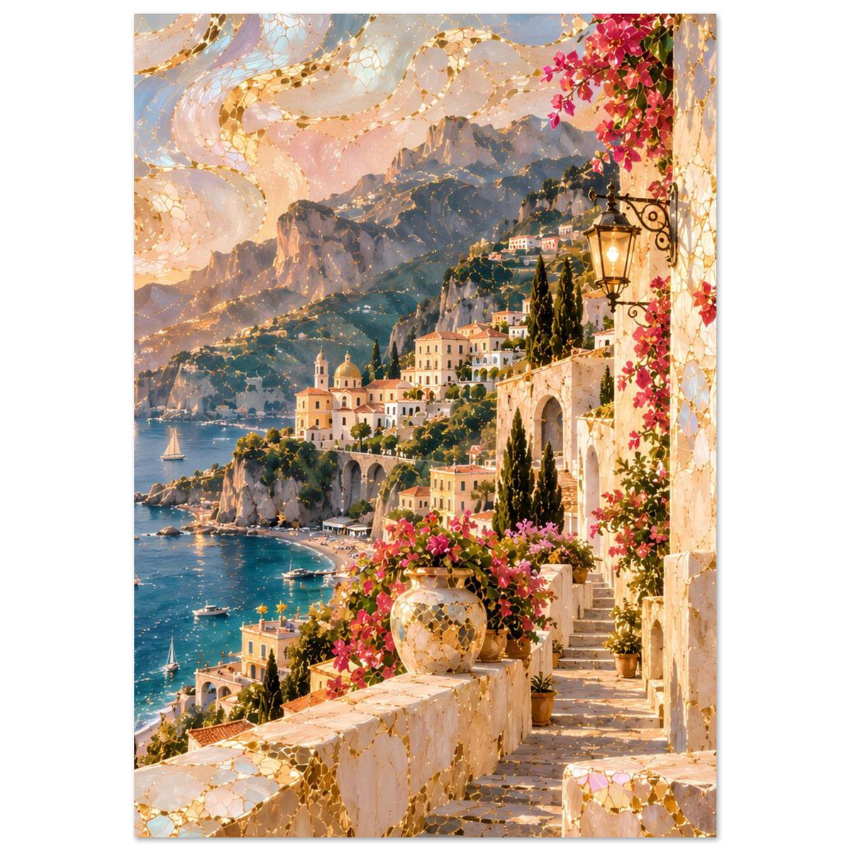 Mediterranes Küstenposter: Treppenanlage mit Laterne, rosa Blüten und Küste
