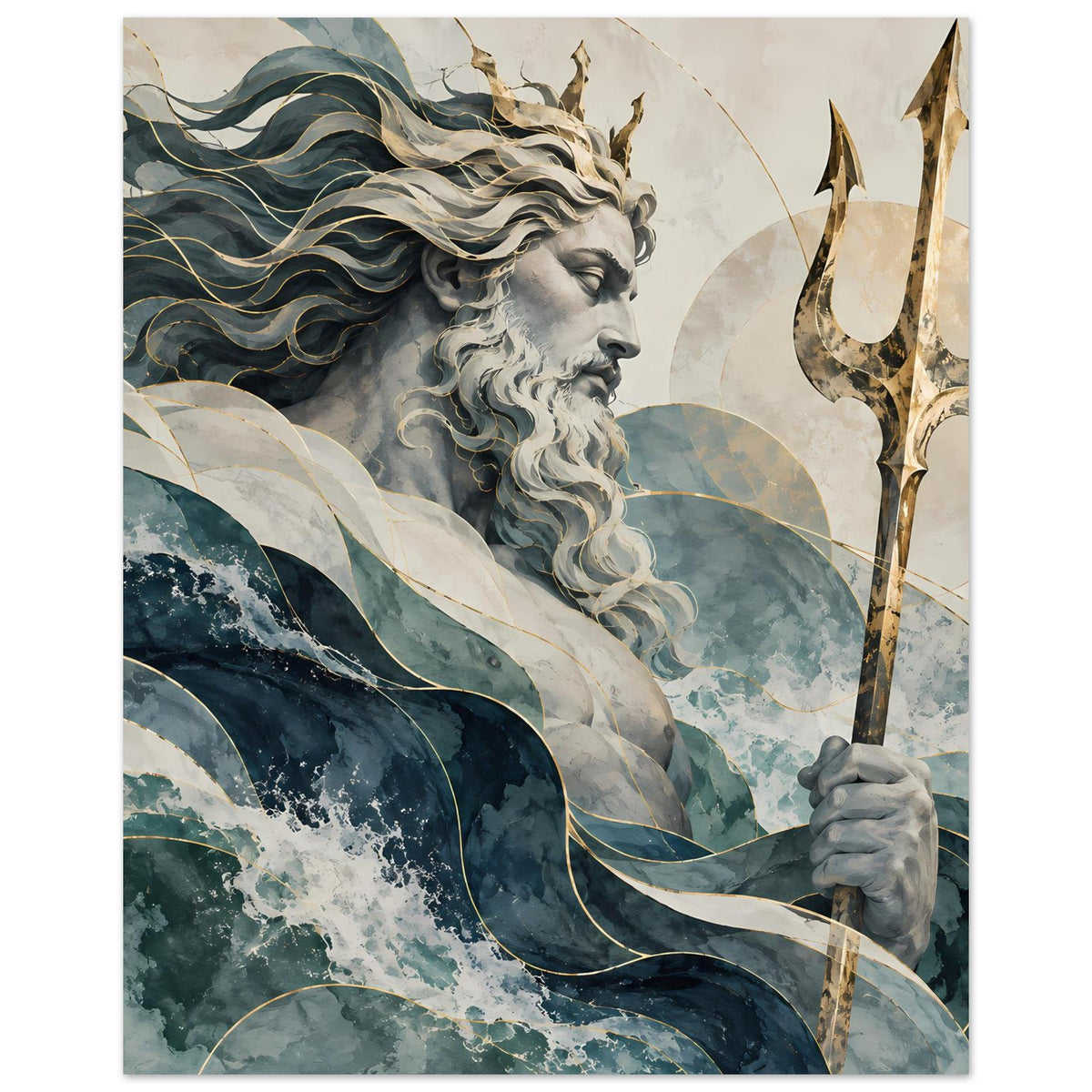 Wandposter mit Neptunprofil und Dreizack, blaugrüne Wellen, goldene Akzente.