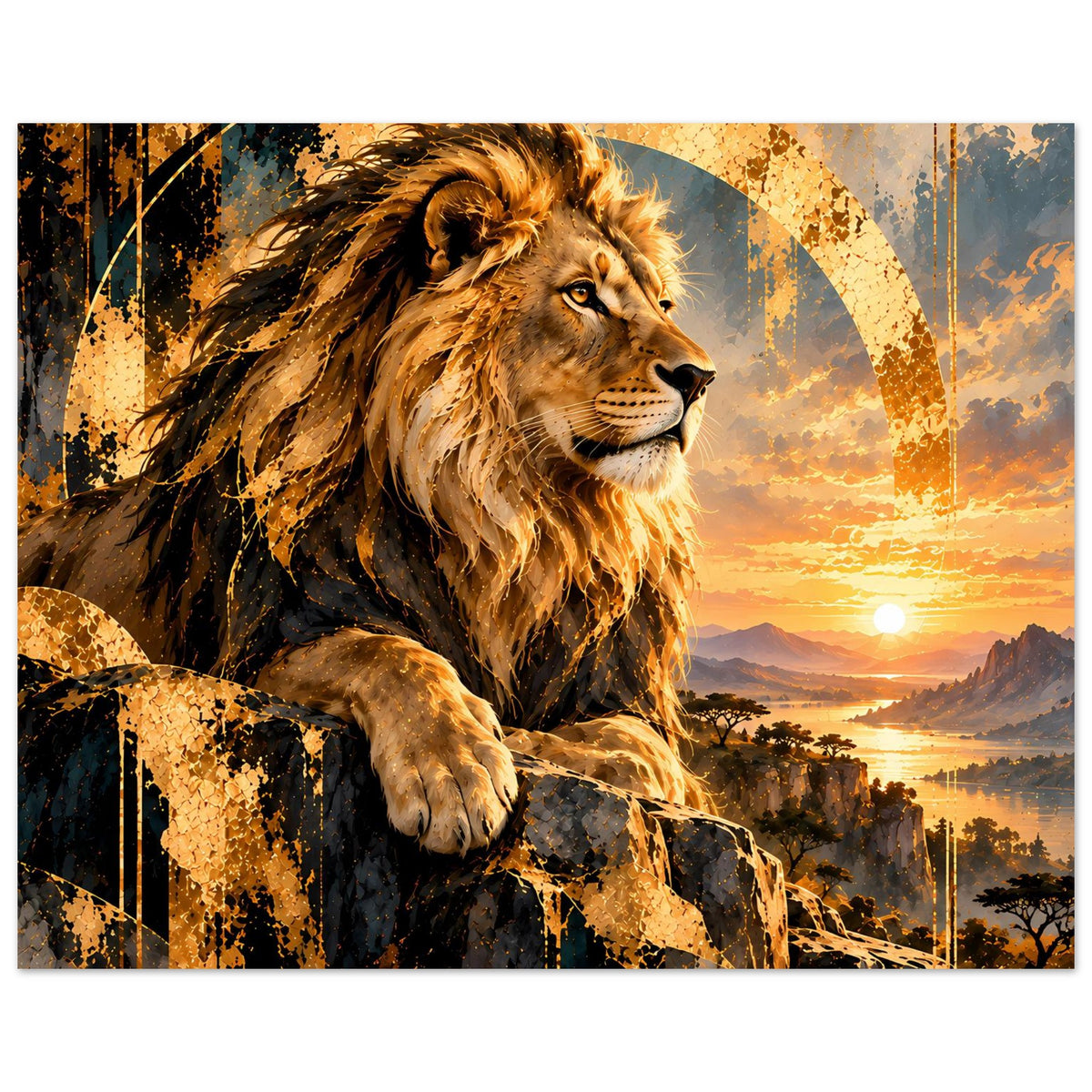 Löwen-Sonnenuntergangs-Poster: brüllender Löwe auf Felsen mit Abendhimmel und Fluss