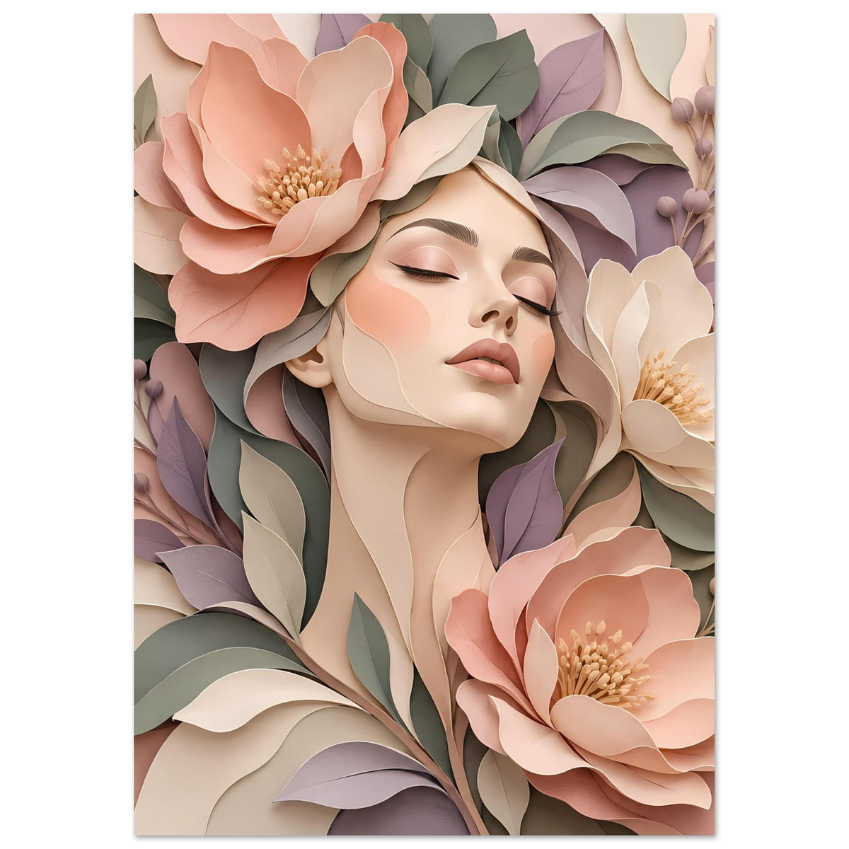 Florales Portrait-Poster mit Frauengesicht und geschlossenen Augen, Pastellblumen, vertikal