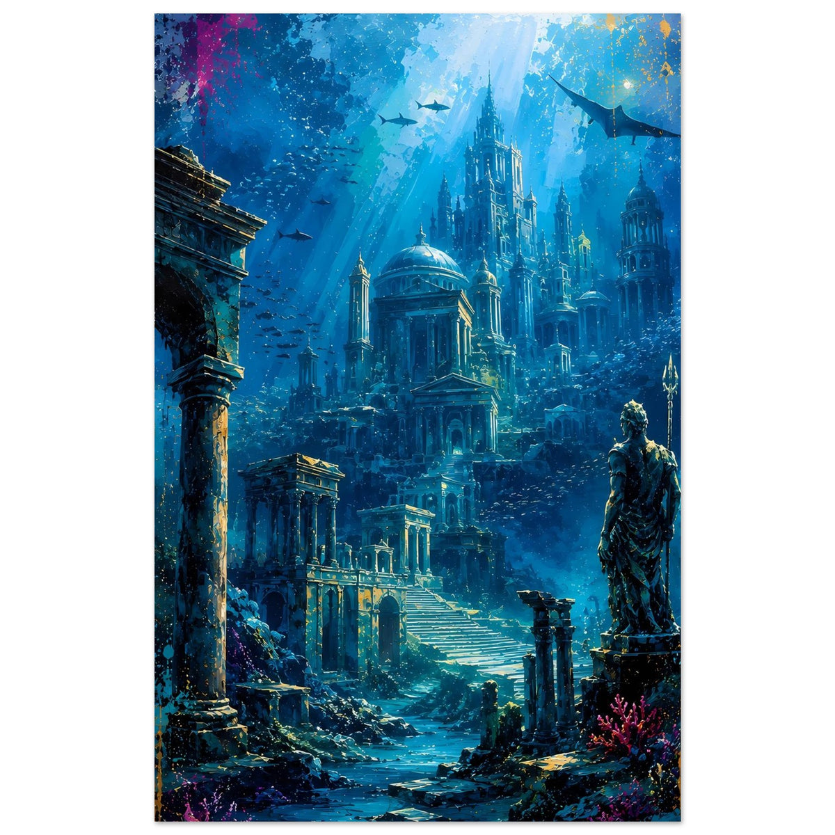 Poster mit Unterwasserstadt, große Säule links und Statue rechts im Blau
